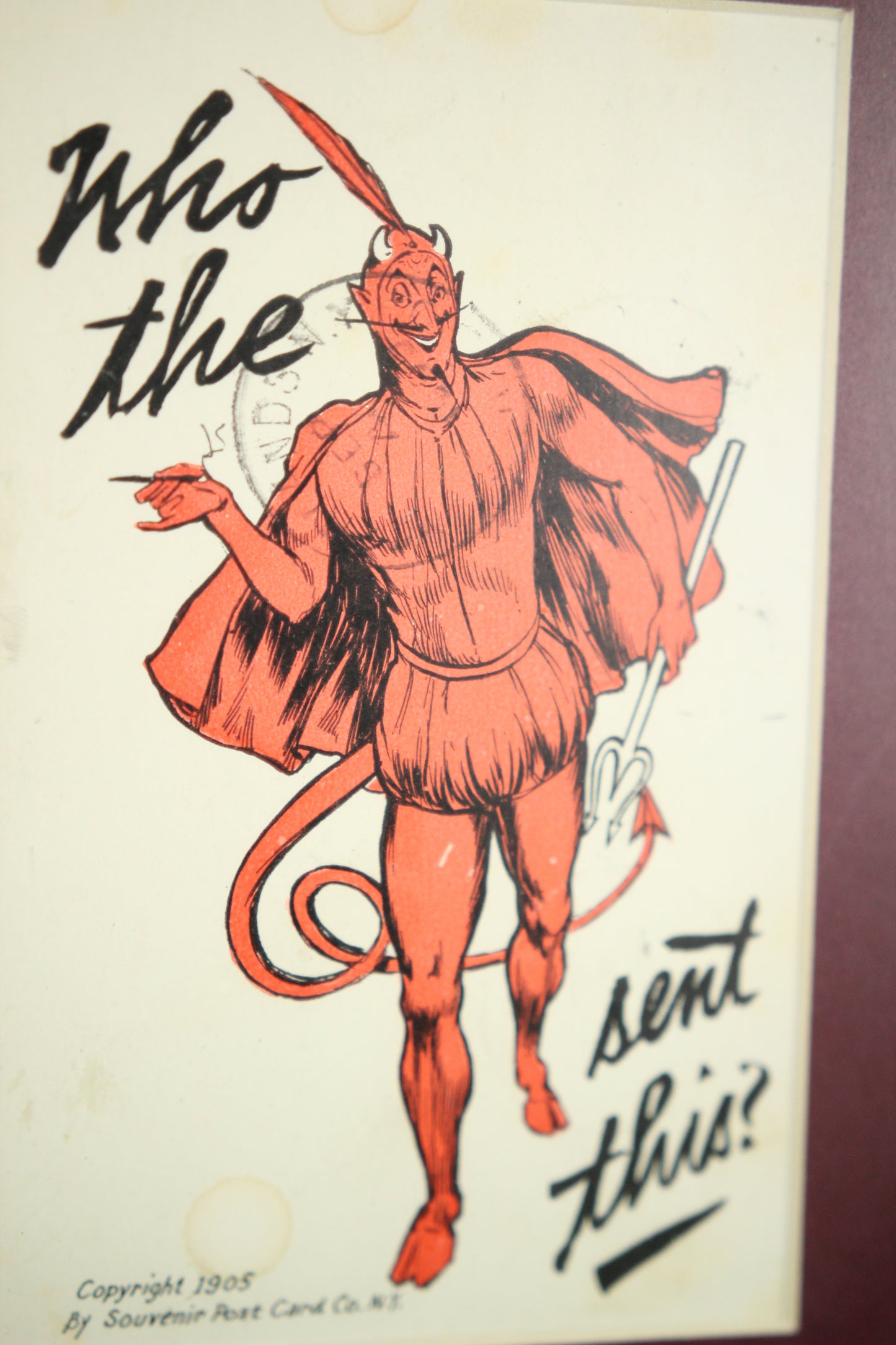 Framed Antique 1905 "Who the Devil Sent This?" Postcard by Souvenir Postcard Co, NY