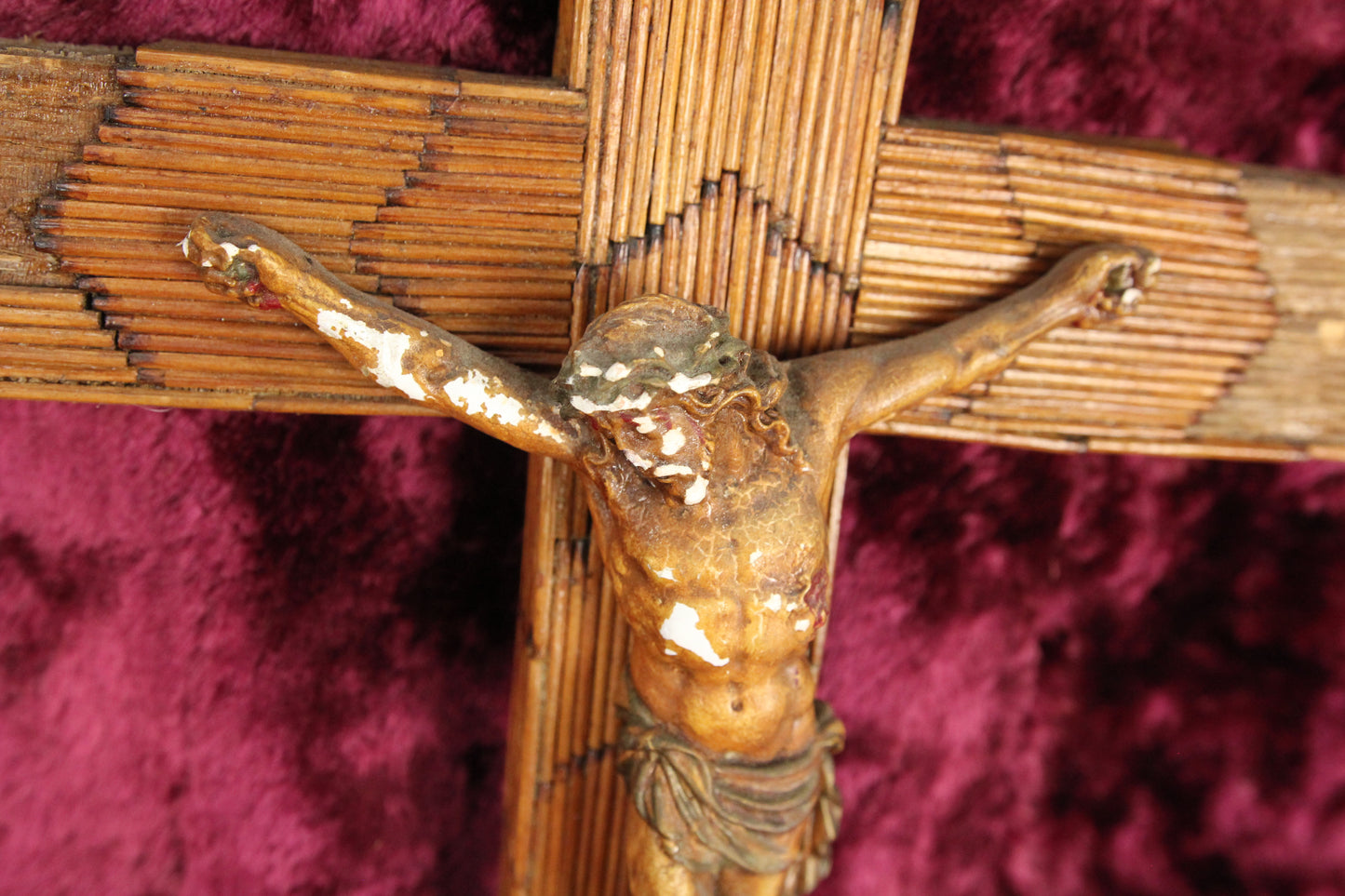 Antique Tramp Art Matchstick Crucifix Cross
