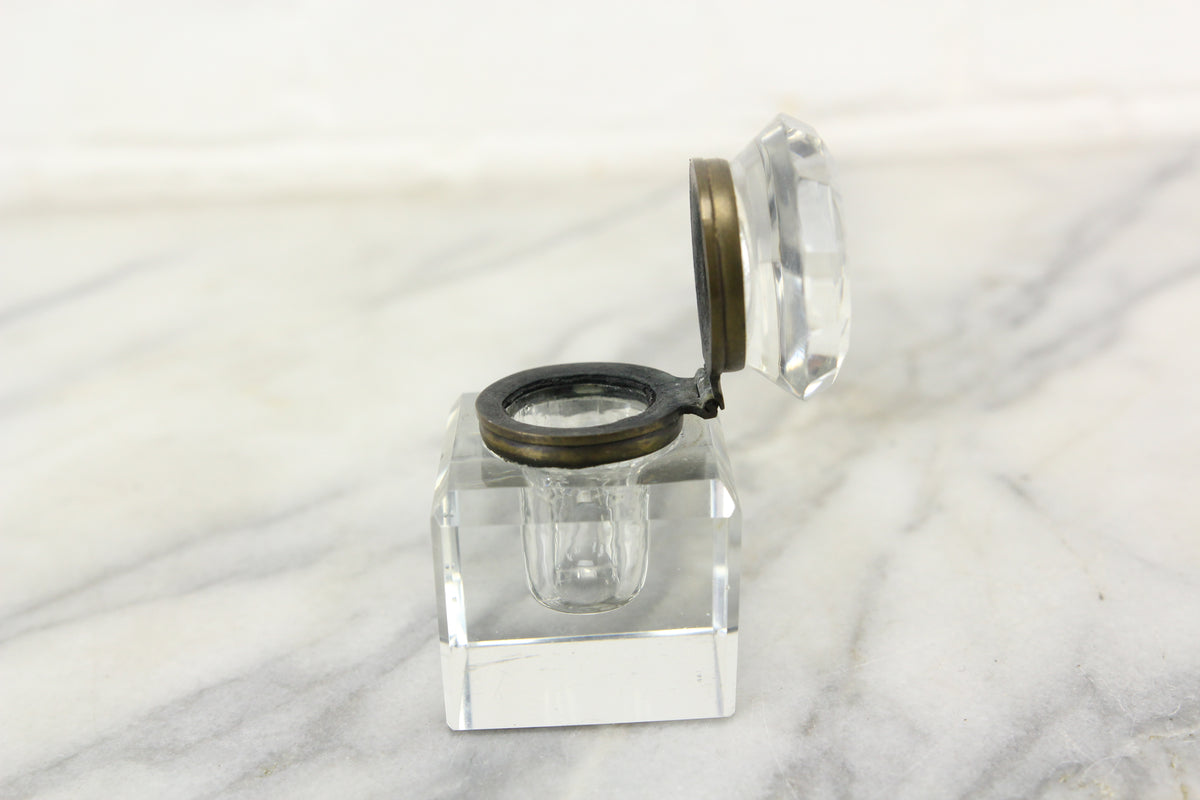Antique Glass Square Inkwell with Beveled Corners, Diamond Shaped Lid ...