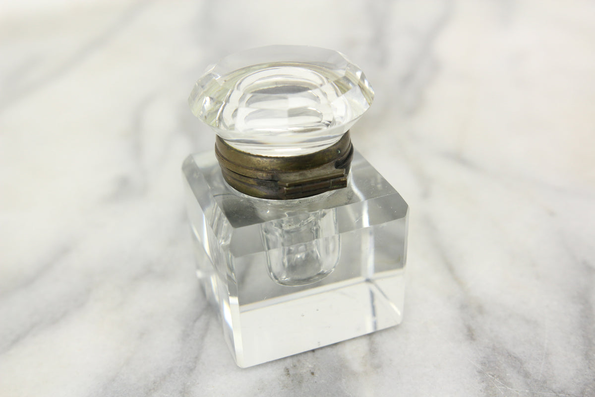 Antique Glass Square Inkwell with Beveled Corners, Diamond Shaped Lid ...