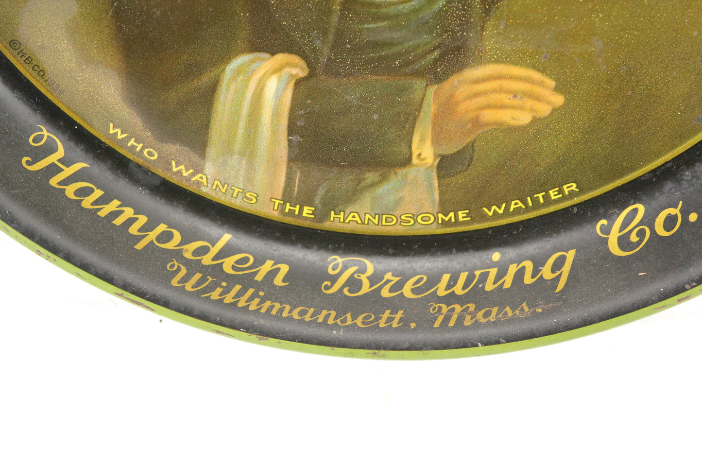 Hampden Ale Brewing Company "Handsome Waiter" 13-Inch Beer Tray, Willimansett, MA, 1934