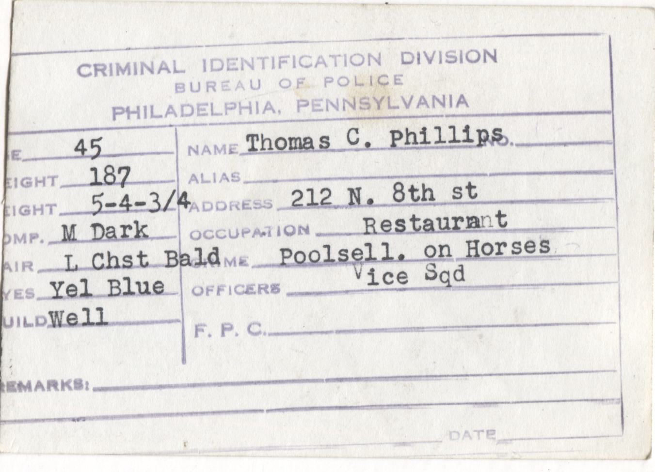 Thomas C. Phillips Mugshot - Arrested on 5/10/1946 for Poolselling on Horses