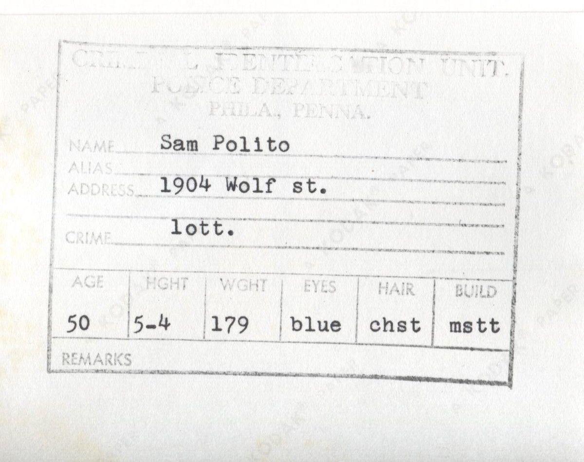 Sam Polito Mugshot - Arrested on 4/15/1964 for Illegal Lottery ...