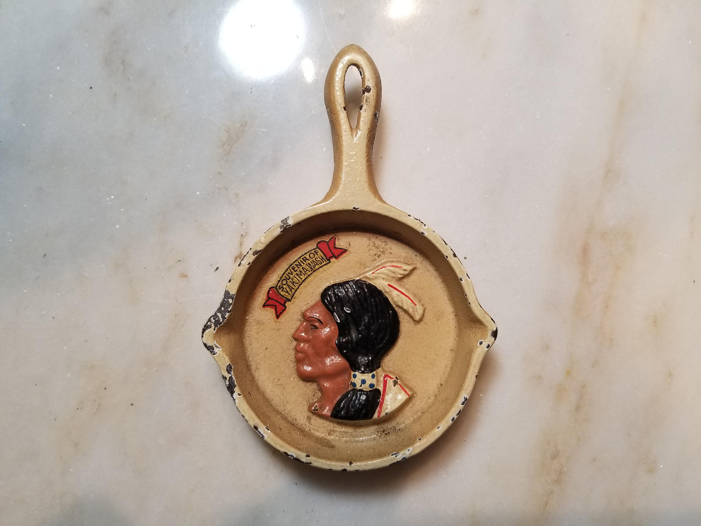 Cast Iron Skillet Ashtray with Native American Indian Man, A Souvenir of Yakima, Washington