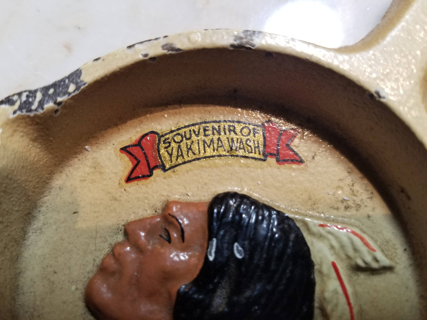 Cast Iron Skillet Ashtray with Native American Indian Man, A Souvenir of Yakima, Washington