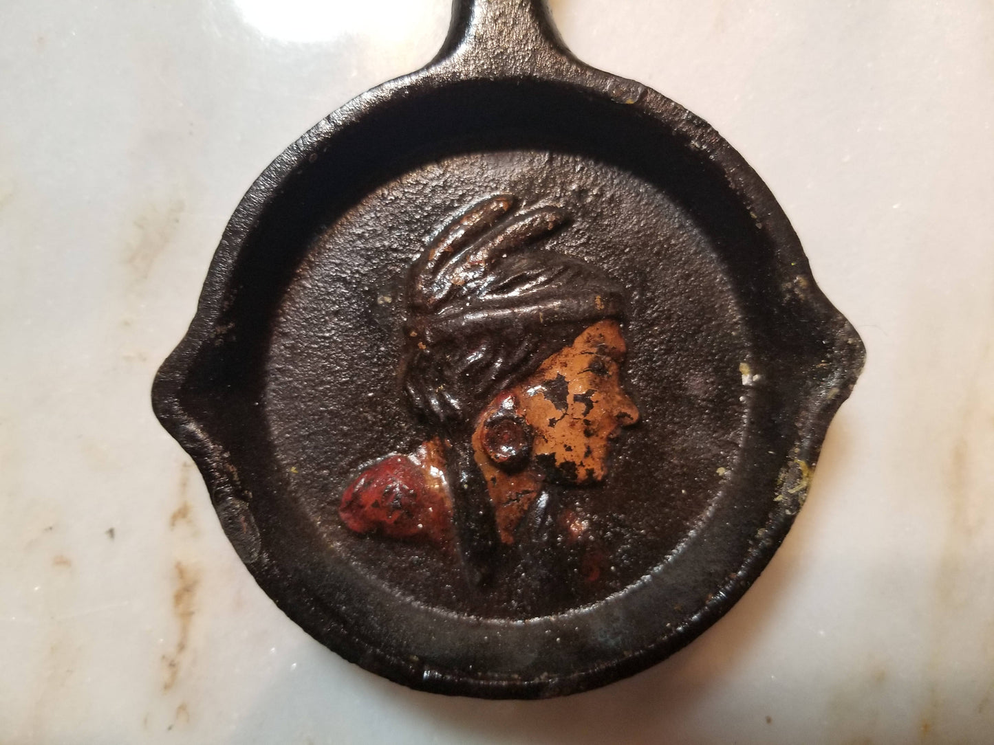 Cast Iron Skillet Ashtray with Native American Maiden, A Souvenir of Yakima, Washington
