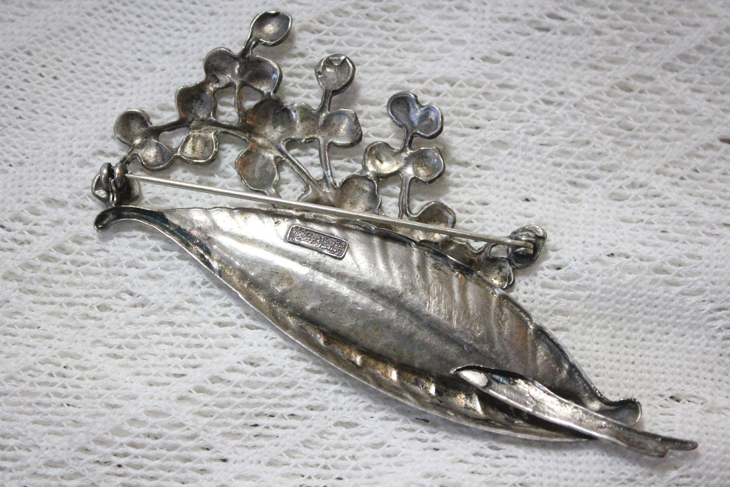 Guglielmo Cini Sterling Silver Brooch with Feather and Flowers, Signed
