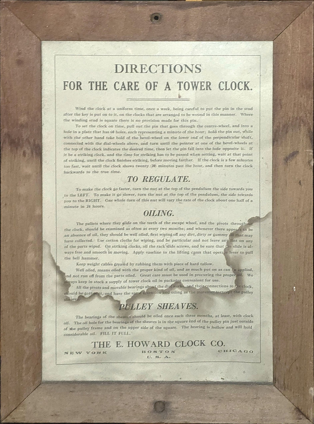 Printed directions for the care of a tower clock by the Howard Clock Co.