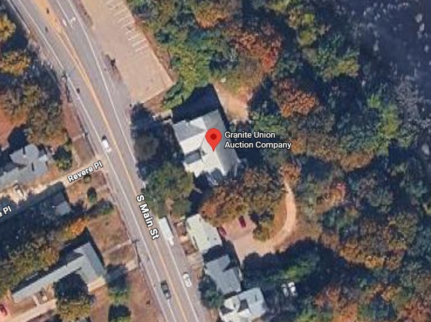 Satellite view of 58 South Main Street, Franklin — the auction house, a former church, sits back from South Main Street on the corner by the bridge